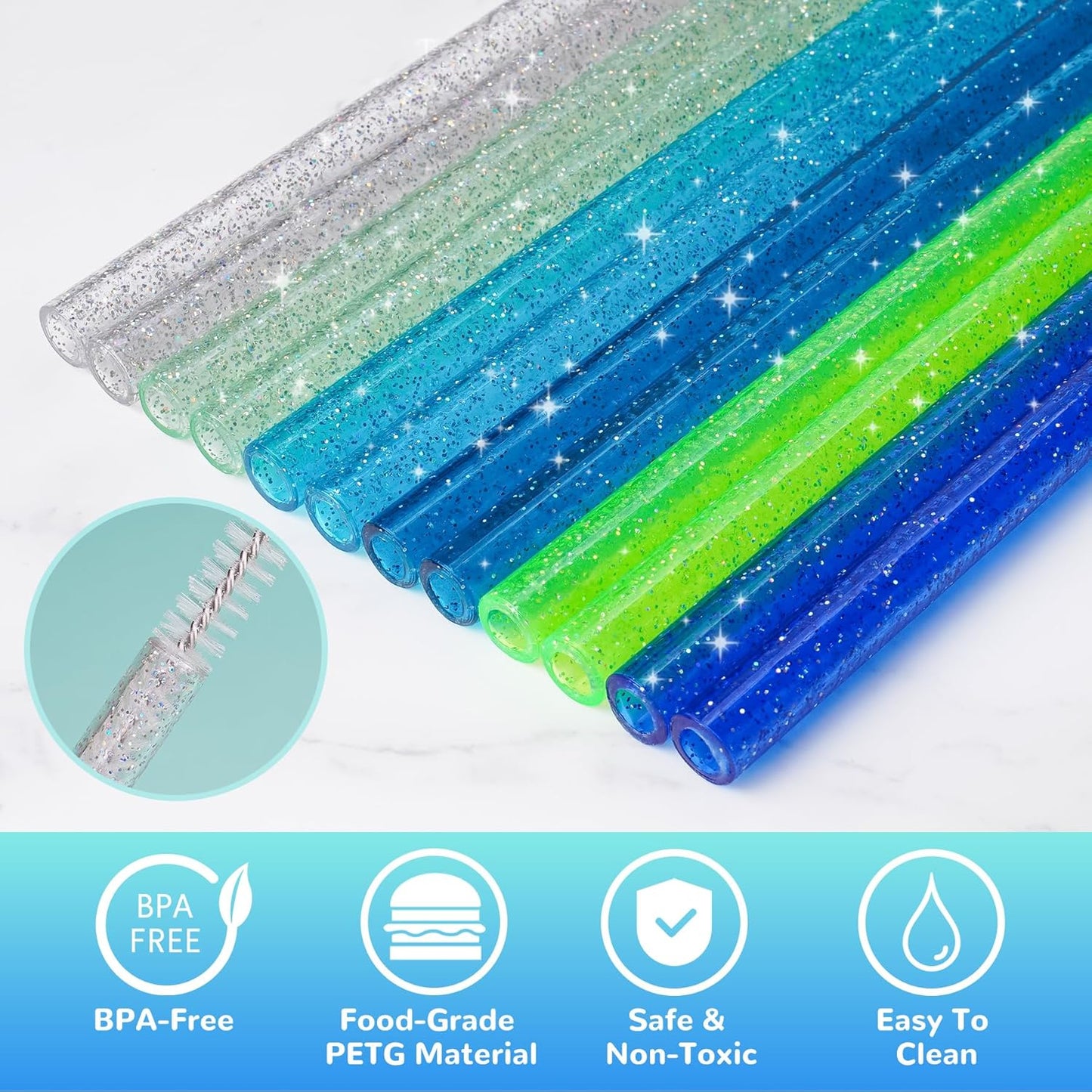NiHome 12-Pack Glitter Replacement Straws for Stanley Tumbler 40OZ & 2 Cleaning Brushes Set, 12" Length BPA-Free Durable PETG Material for Various Beverages & Cups, Adds Sparkle to Your Drinks (Clear)