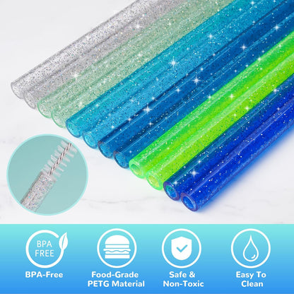 NiHome 12-Pack Glitter Replacement Straws for Stanley Tumbler 40OZ & 2 Cleaning Brushes Set, 12" Length BPA-Free Durable PETG Material for Various Beverages & Cups, Adds Sparkle to Your Drinks (Clear)