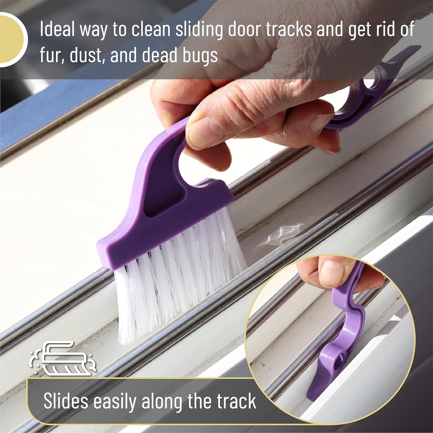 Slick- Window Track Cleaning Brush, 2 Pack, Blue Ergonomic Handle, Built-in Scraper, Multipurpose, Window Track Cleaning Tools