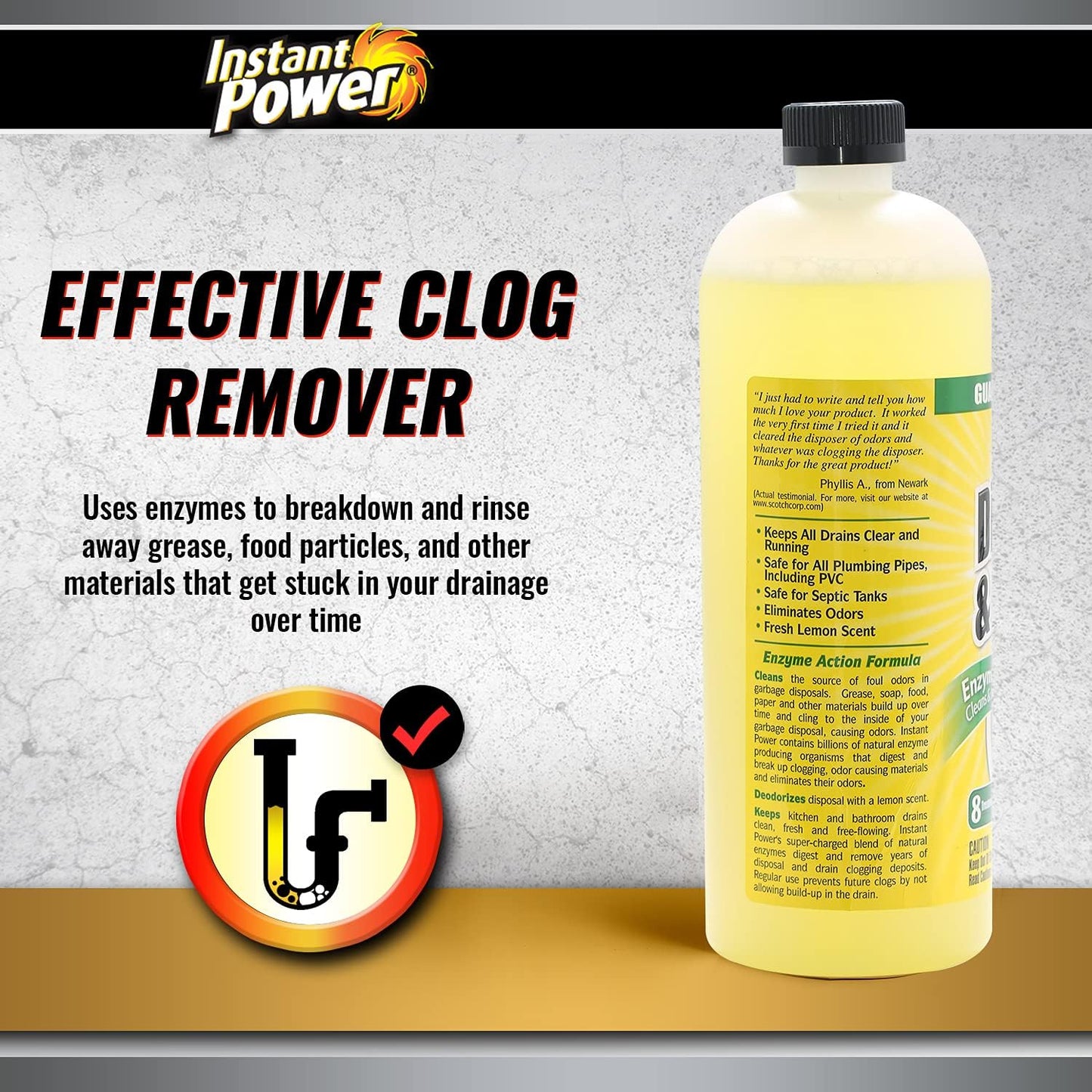 Instant Power Disposal and Drain Cleaner – Liquid Enzyme Clog Remover, Cleans and Deodorizes, Removes Drain Blockages, Fresh Lemon Scent 33.8 Fl oz, 1 Liter 4 Pack