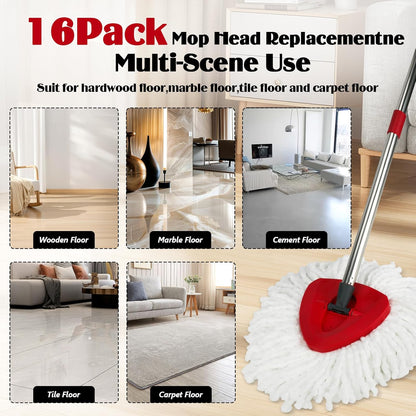 Spin Mop Replacement Set for O-Ceda RinseClean 2-Tank System, 16 Microfiber Spin Mops Refills,1 Scrubber Head,1 Triangle Spin Base,and(31-63in) Adjustable Handle Set Combo