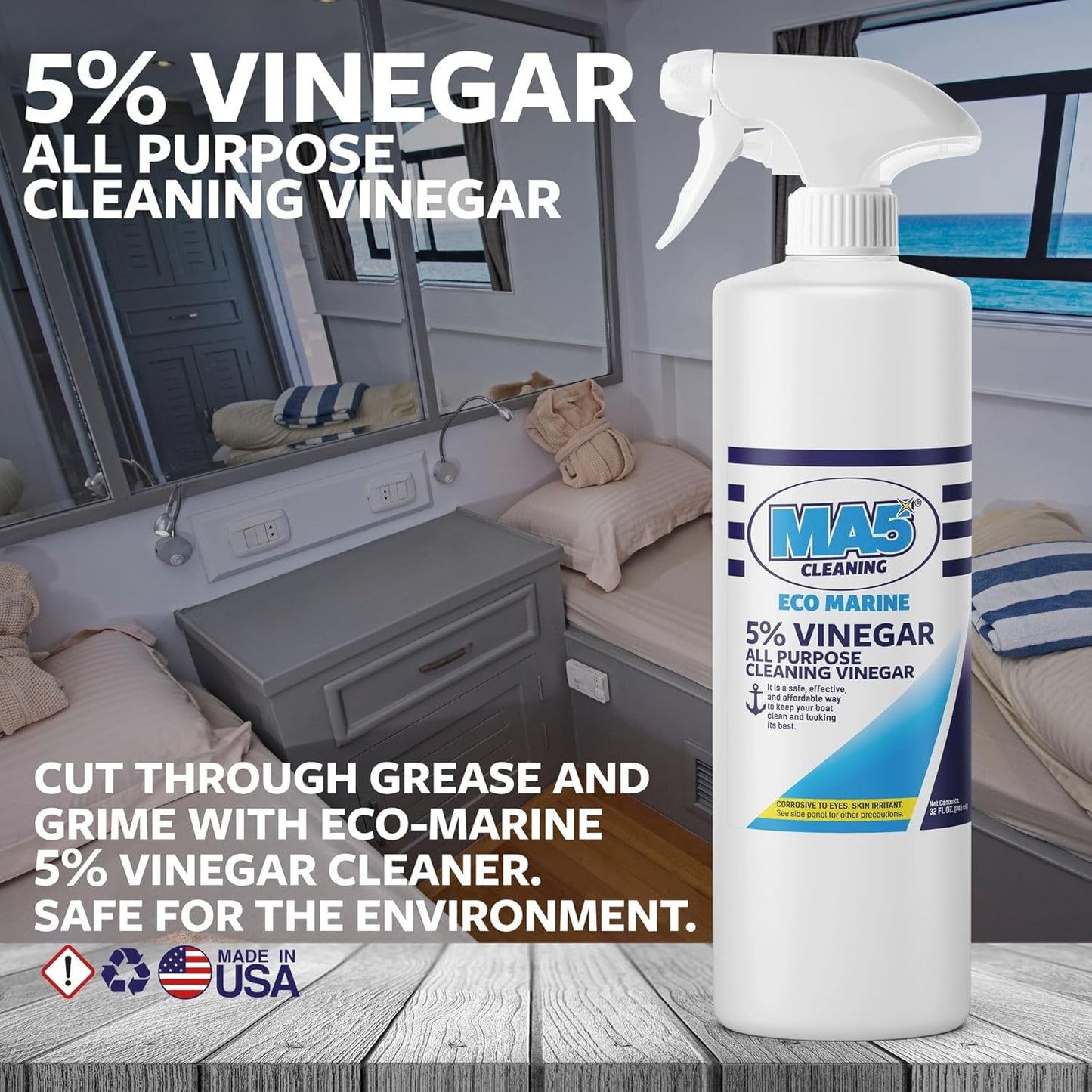MA5x EcoMarine 5% Vinegar All Purpose Boat Cleaning Vinegar | Biodegradable Safe Boat Cleaner | Multi-Surface Marine Cleaner