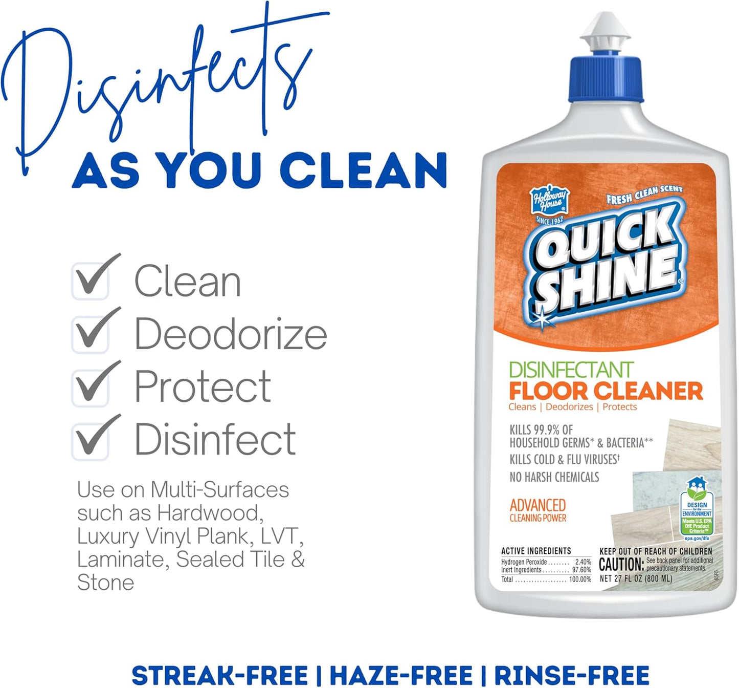Quick Shine Disinfectant Floor Cleaner 27oz | Hospital Level Disinfectant Kills 99.9% Germs & Bacteria | Cleans w/Power of Hydrogen Peroxide & No Harsh Chemicals | Streak Free & Zero Residue