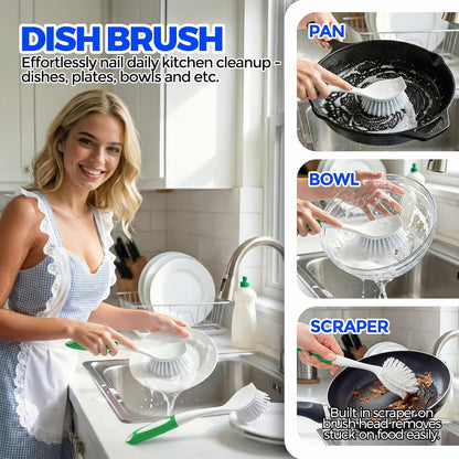 Holikme 4 Pack Dish Brush with Handle Set - 2 Pack Kitchen Dish Brush with Handle, 2 Straw Brushes, Deep Cleaning Dish Brush for Kitchen Sink Dishes, Pot and Pans, Green