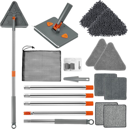 Base Board Cleaner Tool with Handle, 360 Rotating Wall Cleaner Mop, 180 Folding Ceiling Tool Duster with Squeegee for Cleaning Wall, Ceiling, Window, Floor, 8 Replacement Cleaning Pads