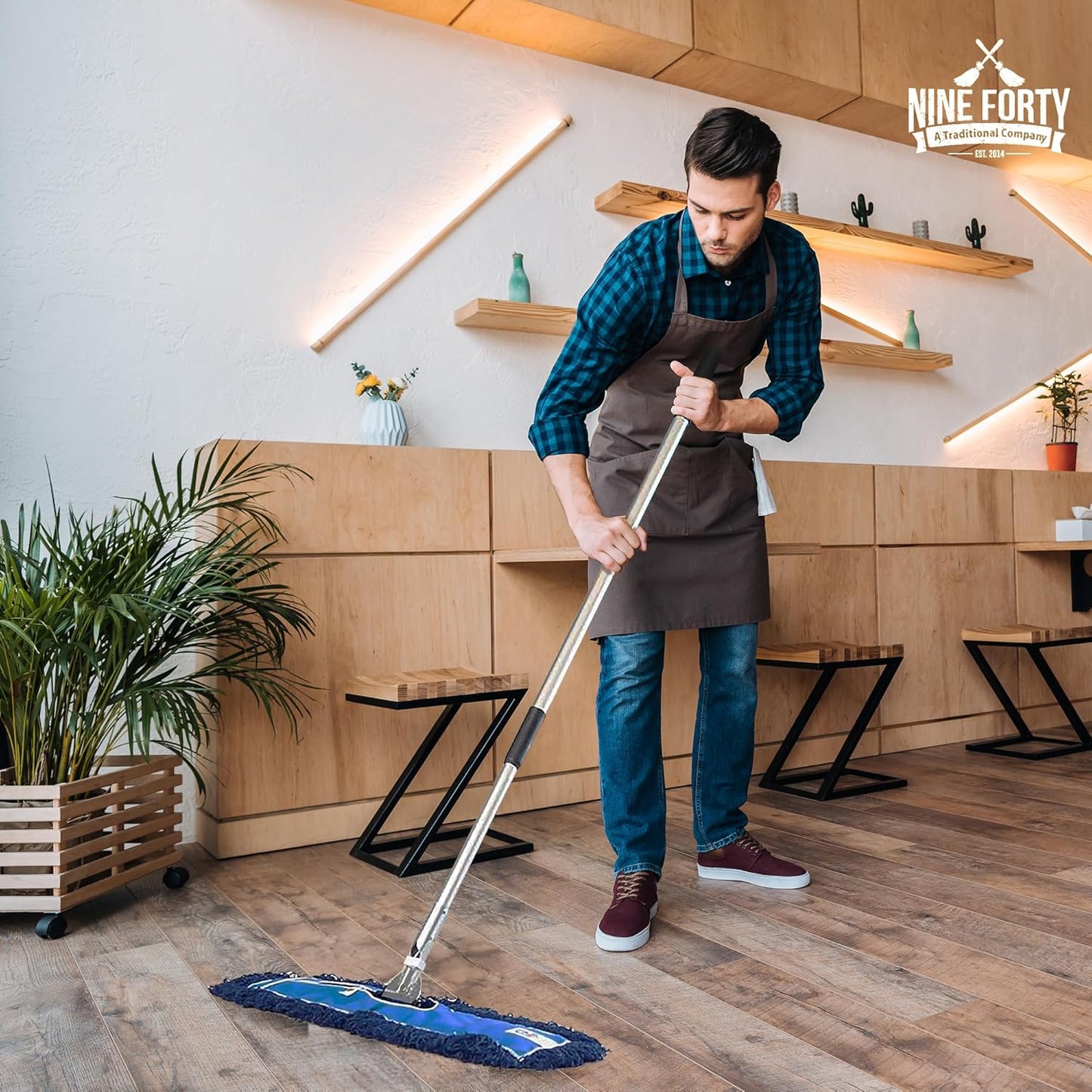 Nine Forty 24" Premium Nylon Dust Mop with Wood Handle - Heavy Duty Mop Head for Industrial, Commercial, and Residential Cleaning - Dry Floor Duster for Hardwood Surfaces and Commercial - Blue