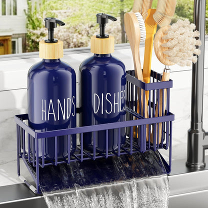 Cisily Kitchen Dish Soap Dispenser Set with 2 Pack 16.9oz Black Glass Bottle and Sponge Holder, Dish Soap Dispensers with Adjustable Sponge Holder, Vintage Hand and Dish Soap Dispensers Set