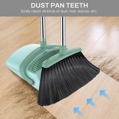 Broom and Dustpan Set for Home, 51-in Long Adjustable Handle Angle Broom and Dustpan Combo Set with Dust Pan Teeth to Clean Hair for Home Kitchen Office Lobby Floor Garden (Black&White)