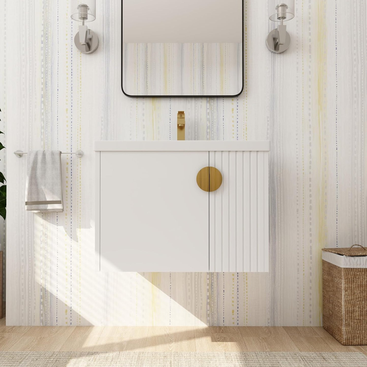 SSLine Modern 24-Inch Bathroom Vanity with Sink Wall Mounted Bathroom Vanity with Top Basin & Storage Cabinet White Wood Floating Vanity w/Ceramic Sink & Gold/Black Handles for Small Space