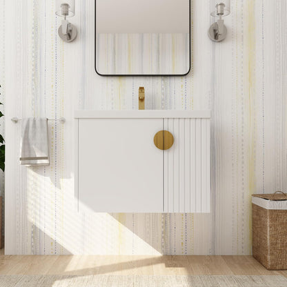 SSLine Modern 24-Inch Bathroom Vanity with Sink Wall Mounted Bathroom Vanity with Top Basin & Storage Cabinet White Wood Floating Vanity w/Ceramic Sink & Gold/Black Handles for Small Space