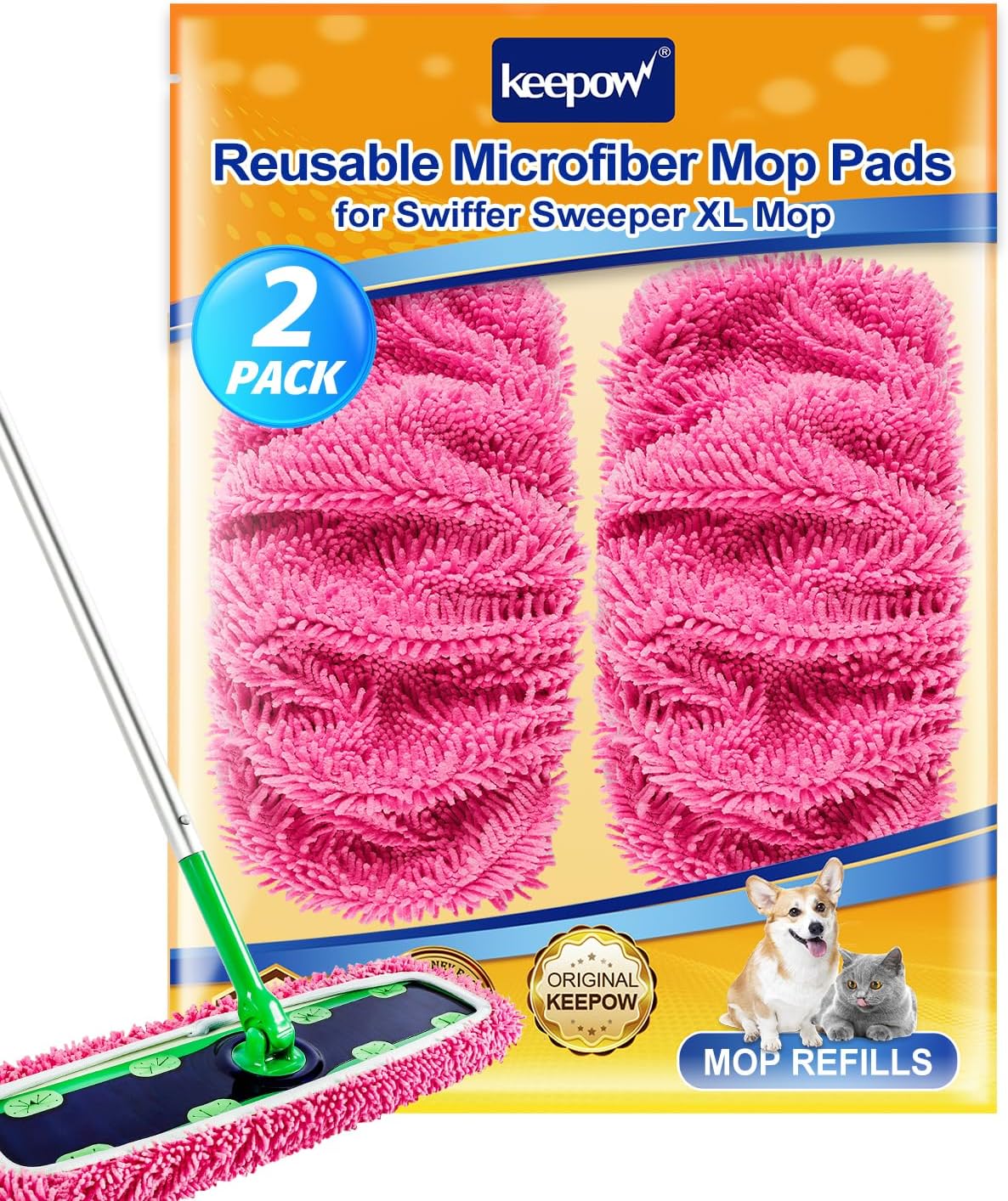 KEEPOW Reusable XL Mop Pads Compatible with Swiffer XL Sweeper, X-Large Dry Sweeping Cloths, Wet Mopping Cloths, Washable Microfiber XL Wet Pads Refills for Surface/Hardwood Floor Cleaning, 4 Pack