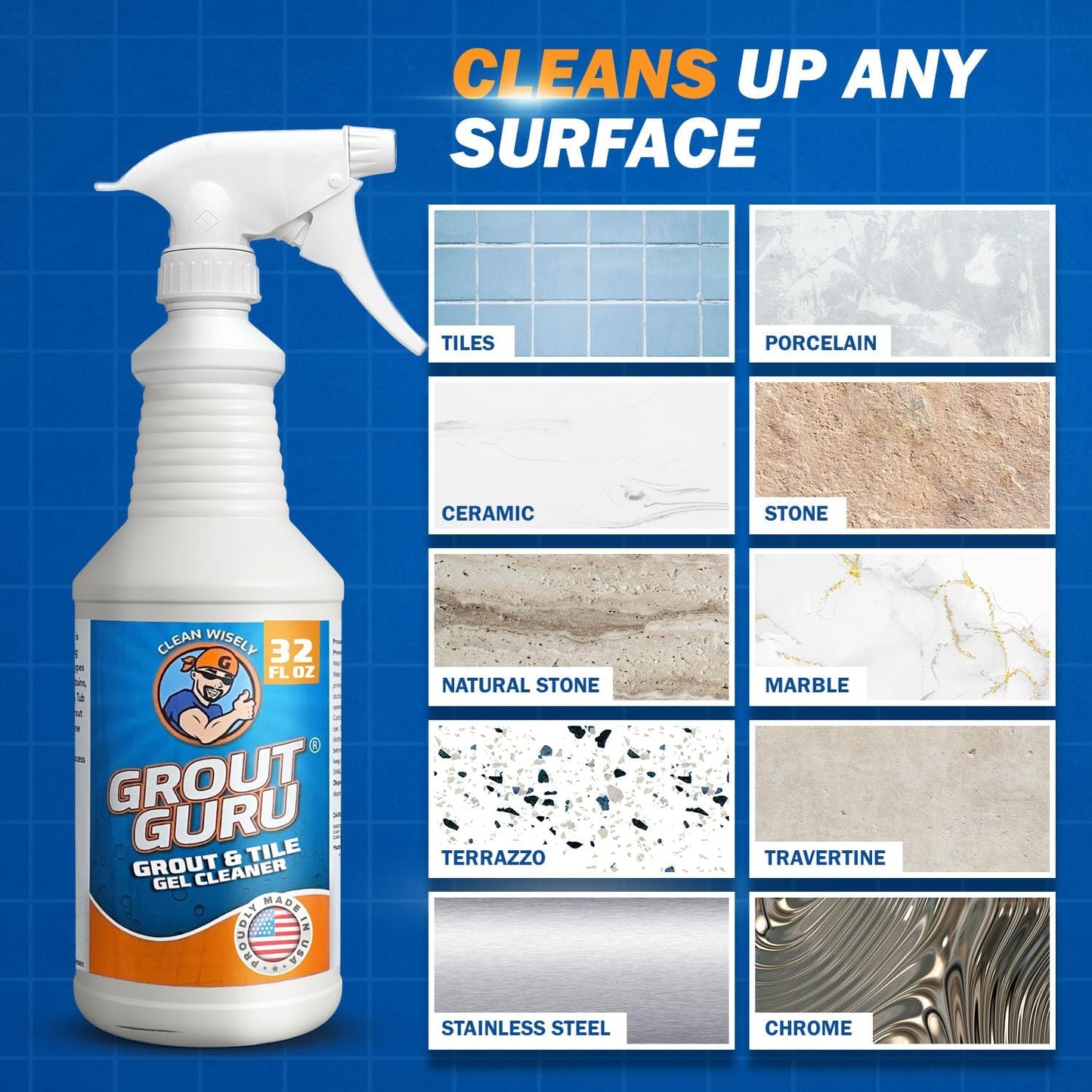 The Professional Grout Cleaner for Tile Floors, Acid-Free Floor Gel Cleaner Cleaning Solution for Tile, Marble, Porcelain & Stone, Deep-Clean Flooring Products Made in USA, Spray, 32 Oz