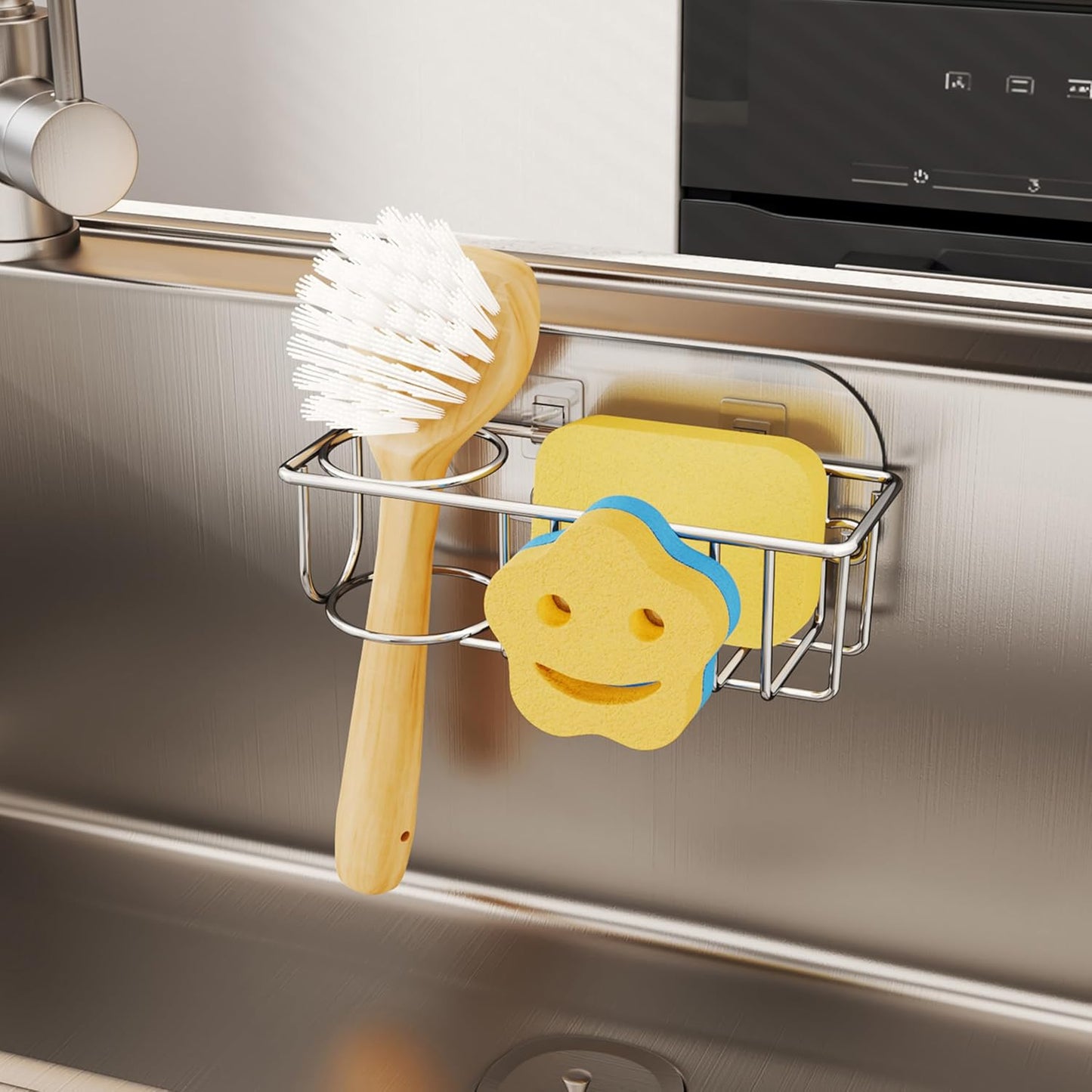HapiRm 4 in 1 Kitchen Organizers and Storage, SUS304 Stainless Steel Brush Holder + Dish Cloth Hanger + Soap Rack + Sink Stopper Rack, No Drill Kitchen Essentials - Black