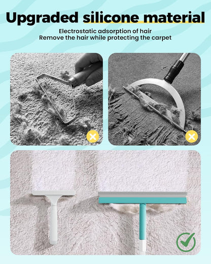 Carpet Rake for Pet Hair Removal Tool - 4 in 1 Pet Hair Remover Kit for Dog Cat Fur Remover, Contain 60" Adjustable Rubber Broom, Glove, Magic Brush and Scraper for Furniture,Short Pile Carpets, Mats