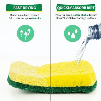 Non-Scratch Cellulose Scrub Sponges 12 Pack, Sponges Kitchen with Double-Side & Ergonomic Design for Dishes, Coated Cookware, Sink & Countertops.