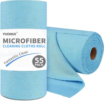 Puomue 55 Pack Microfiber Cleaning Cloth Roll, Tear Away Reusable Towels, 11" X 9", Ultra Absorbent & Lint Free Microfiber Cloth for Cleaning Cars, Kitchen, Window, Home and Shop, Grey