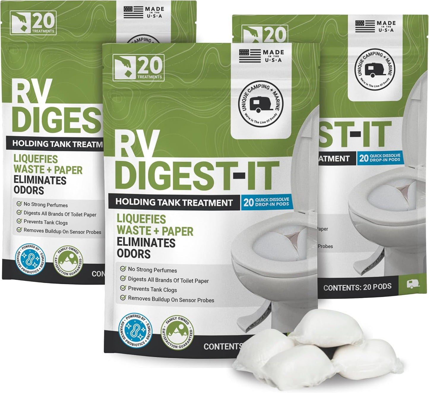 Unique RV Digest-It Plus RV Tank Treatment Pods – 16 Treatments, Breaks Down Waste & Toilet Paper + Eliminates Odors at Source, RV Black Tank Treatment