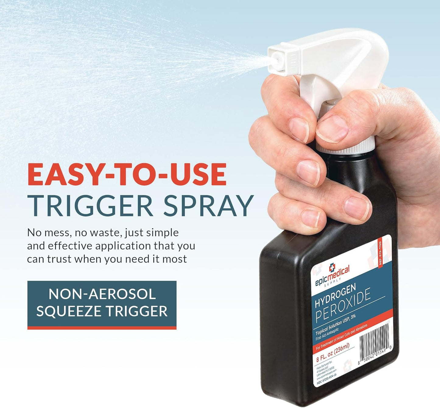 Epic Medical Supply Hydrogen Peroxide Spray 3% USP - First Aid Antiseptic for Cuts & Scrapes - Antiseptic Disinfectant Multi-Purpose Cleaner - 8oz / 236ml Trigger Spray Bottle (1)