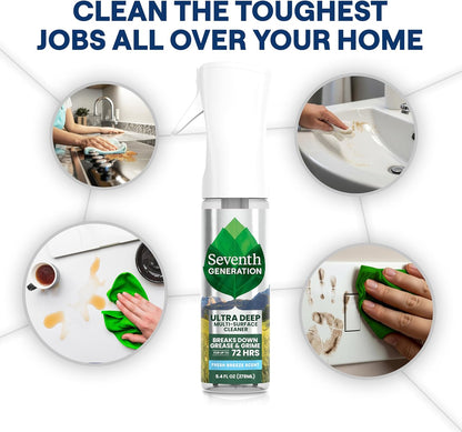 Seventh Generation Ultra Deep Probiotic Multi Surface Cleaner, 9.4 Fl Oz, Fresh Breeze, 80% USDA Biobased All Purpose Cleaning Spray, Breaks Down Tough Grease & Grime, Safe for Kids & Pets