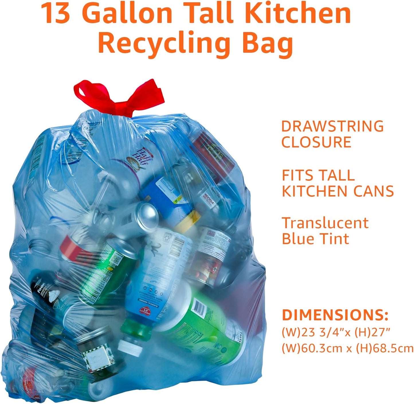 Amazon Basics Blue Recycling Trash Bags, Unscented, 13 Gallon, 60 count (Pack of 2)