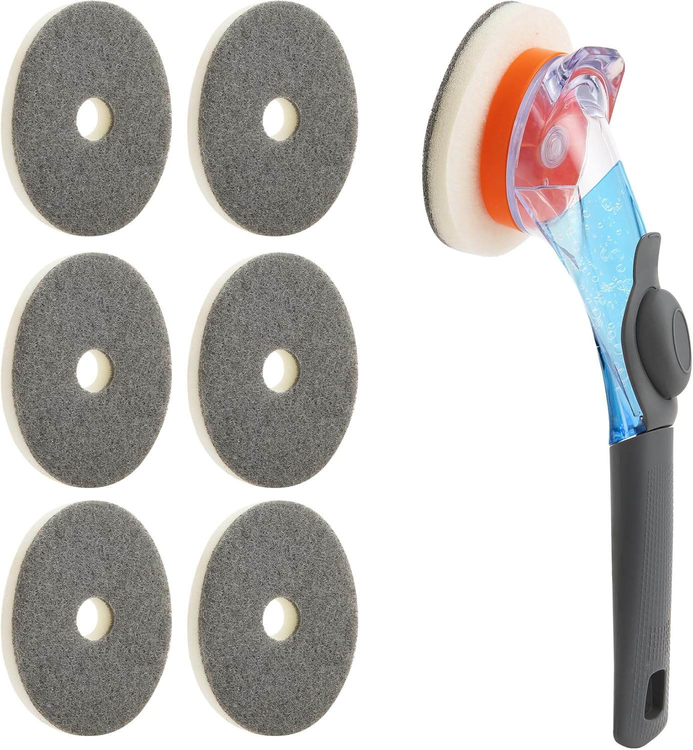 CLEANHOME Dish Wand with Soap Dispenser, Scrubber Brush with 6 Replaceable Magic Tape Sponge Pads for Cleaning Dishes, Kitchen Sink, Pots, Pans, Toilet & Bathtub