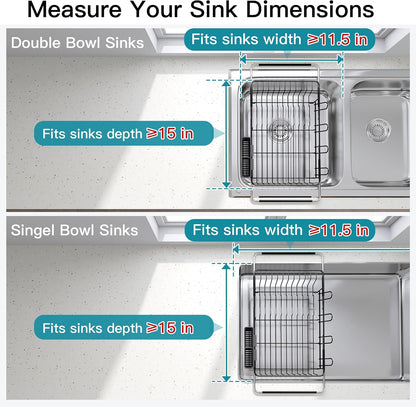 JASIWAY Dish Drying Rack in Sink, Expandable Stainless Steel Dish Drainers for Kitchen Counter, Dish Dryer Rack for Inside Sink, Over The Sink Dish Racks with Utensil Holder, Silver