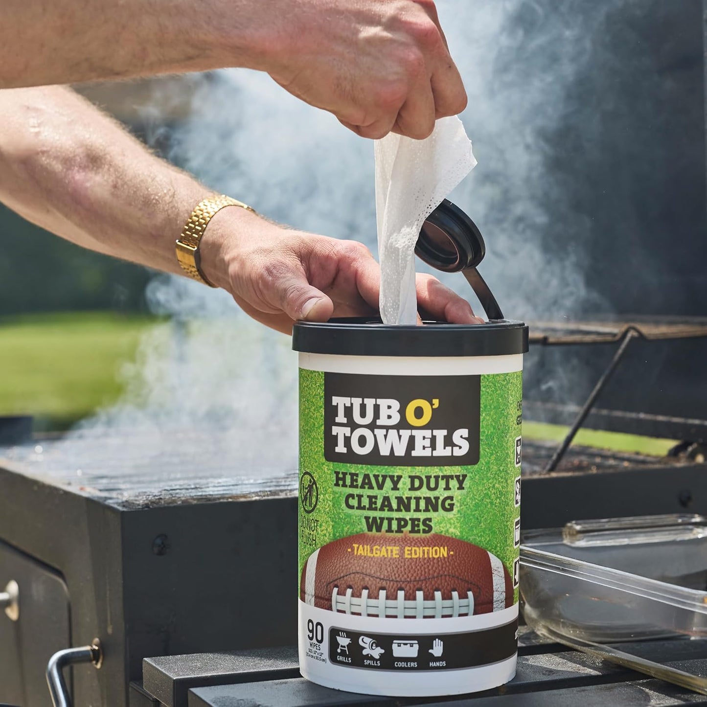 Tub O' Towels Heavy-Duty Multi-Surface Cleaning Wipes Tailgate Edition For Grills, Spills, Tents & More, 10" x 12", 1-Pack Canister