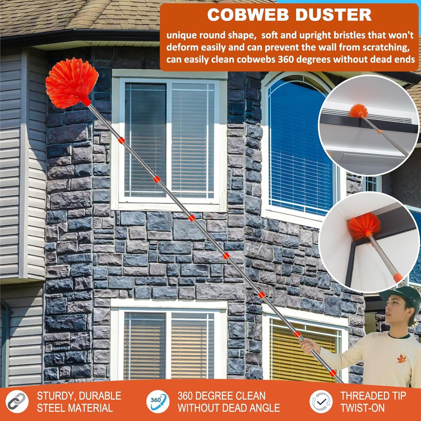 20+ Feet High Reach Duster Kit with 3-14 ft Extension Pole High Ceiling Dusting and Window Cleaning Kit with Spliceable Pole - Window Washer & Squeegee, Cobweb Duster, Fan Blade and Feather Dusters