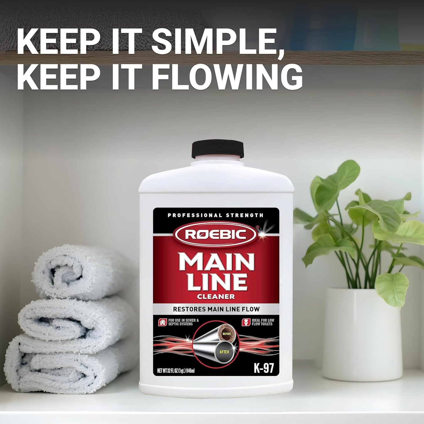 Roebic K-97 Liquid Main Line Cleaner with Bacteria Enzymes, Eliminates Organic Buildup in Sewer/Septic System and Protects from Clogs, Safe for Bathroom Toilet, 64 fl oz