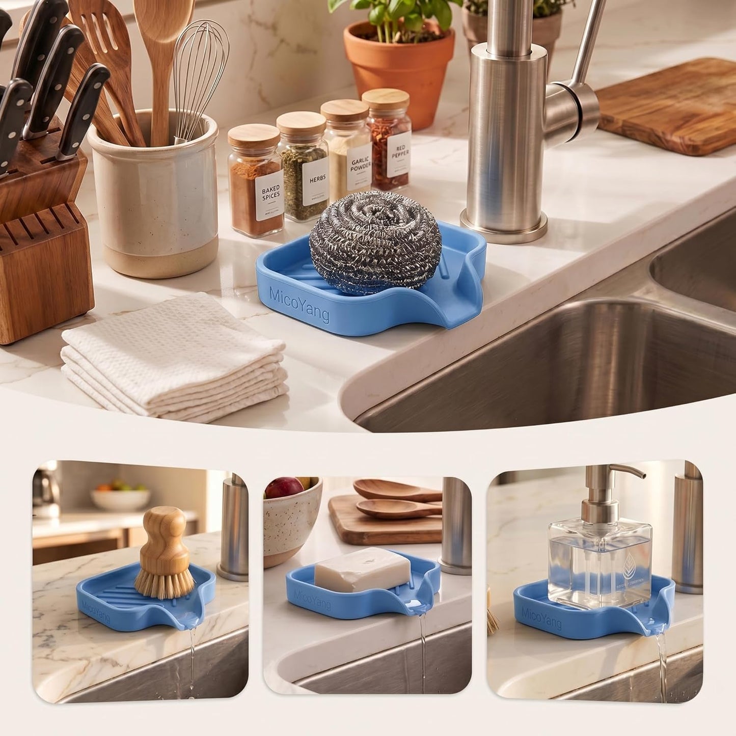 MicoYang Silicone Bathroom Soap Dishes with Drain Spout-Bathroom and Kitchen Sink Organizer,Sponge Holder,Dish Soap Tray,Perfect for Dispenser,Scrubber,Bottle,Cup on Sink or Counter-Black 4.9"×3.2"