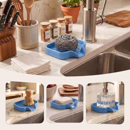 MicoYang Silicone Bathroom Soap Dishes with Drain Spout-Bathroom and Kitchen Sink Organizer,Sponge Holder,Dish Soap Tray,Perfect for Dispenser,Scrubber,Bottle,Cup on Sink or Counter-Black 4.9"×3.2"