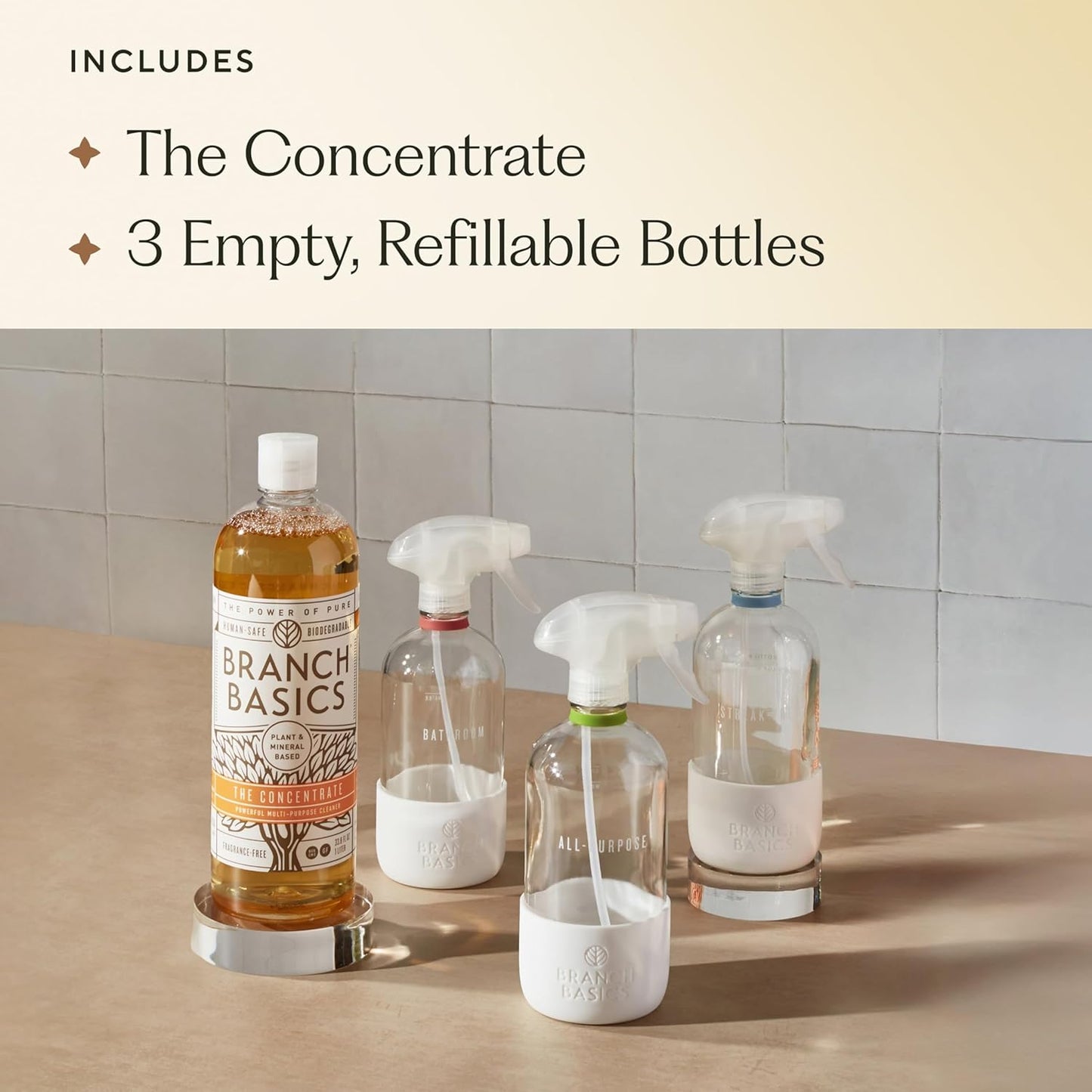 Branch Basics Cleaning Essentials Kit: All Purpose, Glass and Bathroom Cleaner - Concentrate (33.8 Oz) (17 Refills) + Refillable Plastic Spray Bottles (24 Oz) Plant Based, Human-Safe, & Fragrance Free