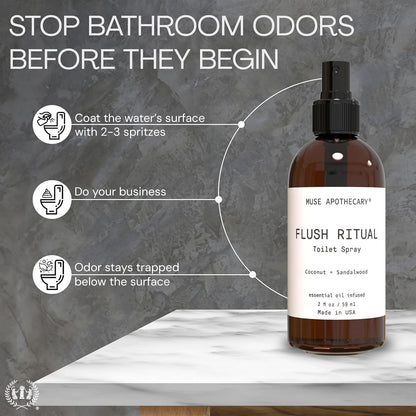 Muse Apothecary Flush Ritual - Aromatic & Refreshing Toilet Spray, Use Before You Go, 4 oz, Infused with Natural Essential Oils - Coconut + Sandalwood