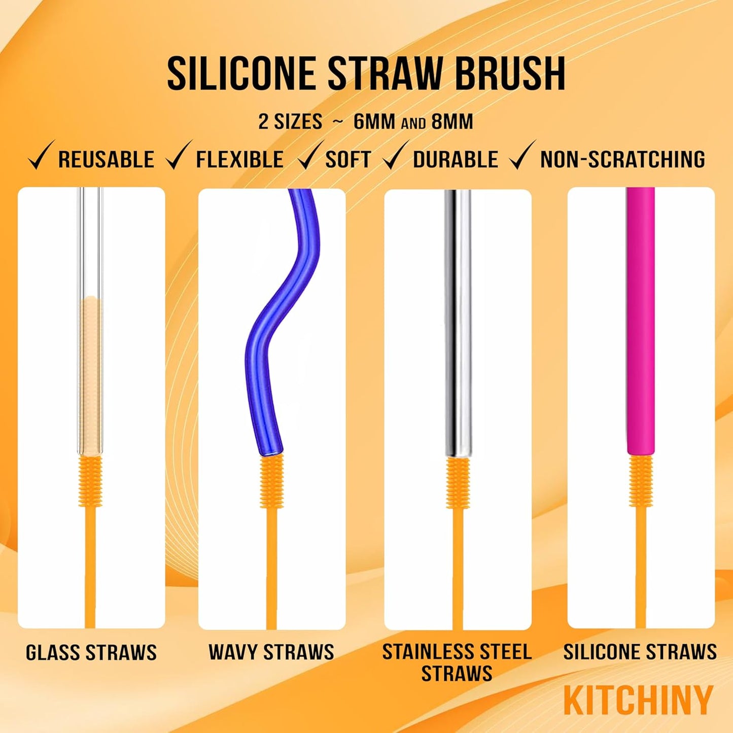 Kitchiny Silicone Bottle Brush with 2 Straw Cleaners - 12.5” Water Bottle Cleaner Brush for Yeti, Hydro Flask, Owala, Stanley, Baby Bottles, Glassware, Vases & Narrow Neck Containers - Grey