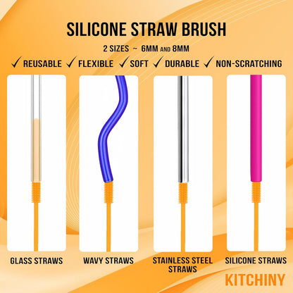 Kitchiny Silicone Bottle Brush with 2 Straw Cleaners - 12.5” Water Bottle Cleaner Brush for Yeti, Hydro Flask, Owala, Stanley, Baby Bottles, Glassware, Vases & Narrow Neck Containers - Grey