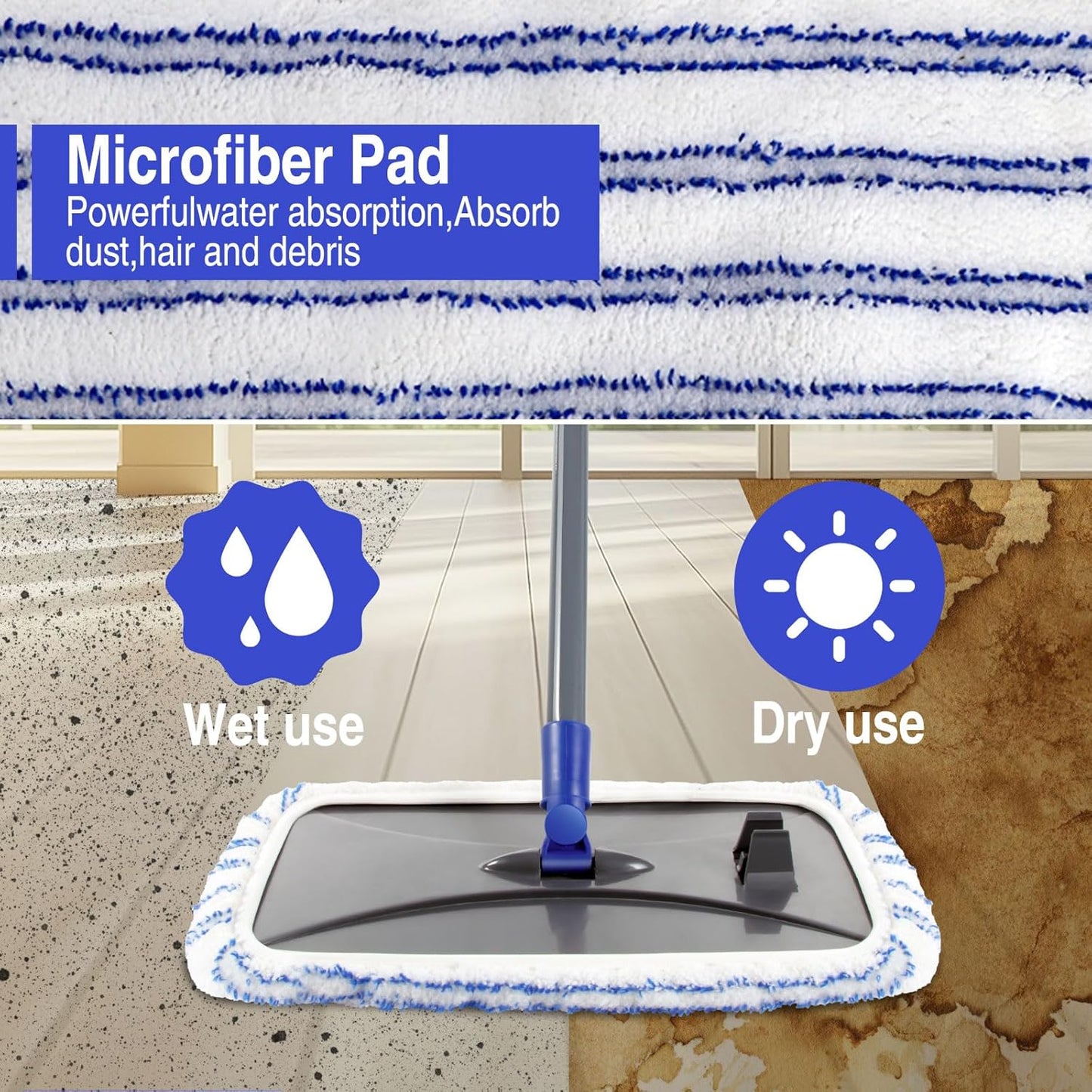 MASTERTOP Microfiber Mop - Flat Floor Mops Wet Dry Dust Mop with 4 Washable Pads & 52.4'' Stainless Steel Handle for Hardwood Laminate Tile Floor Cleaning