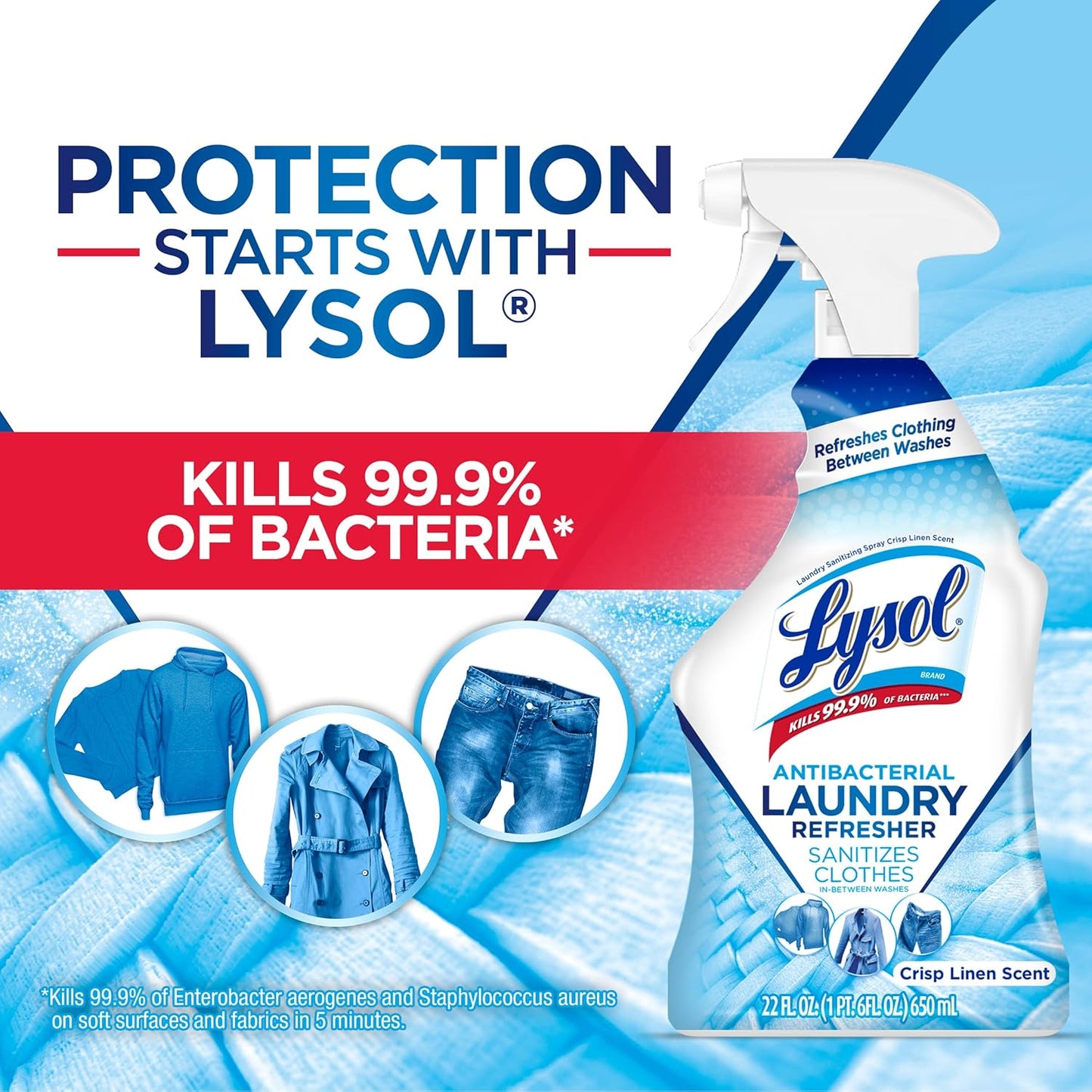Lysol Antibacterial Laundry Refresher Spray, Fabric Sanitizing and Freshening Spray, For Sanitizing and Deodorizing Clothes, Crisp Linen, 1 Count, 22 oz.