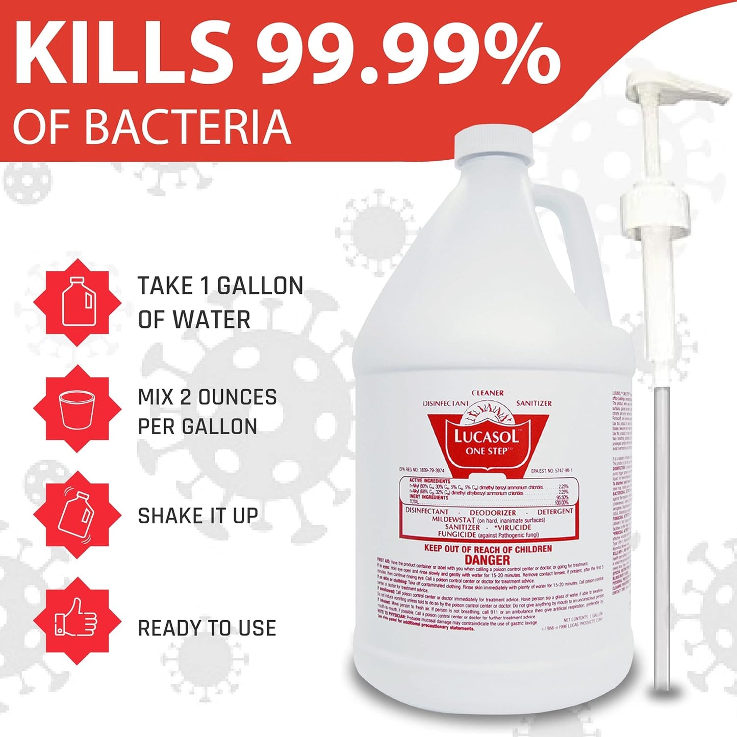 Lucasol One Step Disinfectant, 32 Fl Oz Disinfectant & 24 Oz Empty Refillable Spray Bottle Combo. Multi Purpose Cleaner Spray For Hospitals, Schools, Salons, Household Cleaning And More