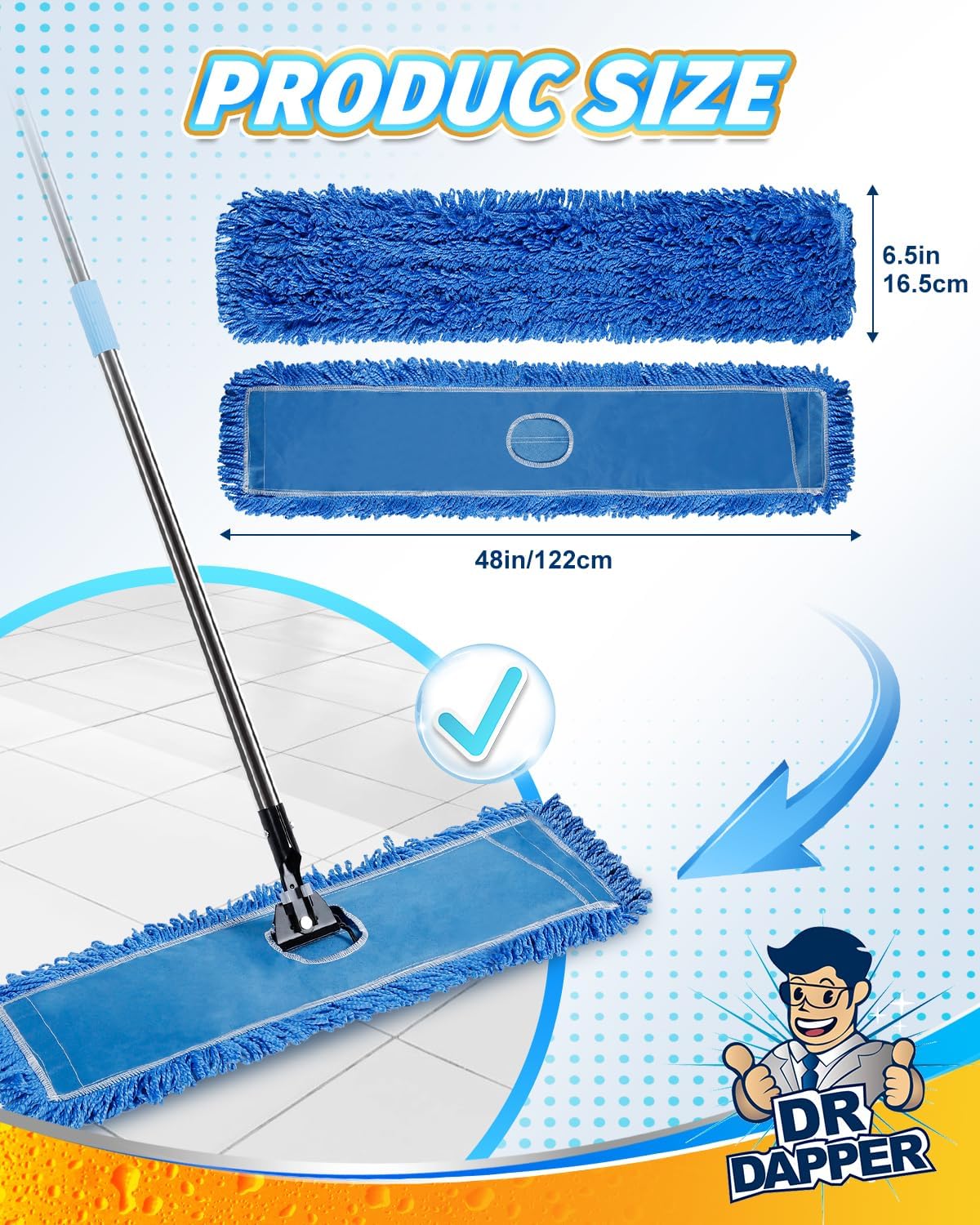 DR DAPPER 36-Inch Commercial Dust Mop Head, Large Washable Microfiber Dust Mop Replacement Head, Sweeper and Janitorial Supplies (Blue-2 Pack)