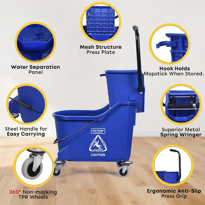 Matthew Cleaning 34 Quart Commercial Mop Bucket INCL.Wet String Mop with Side Press Wringer On Wheels,Heavy Duty Tandem Portable Floor Cleaning Wavebrake,Ideal for Household,Industrial,Restaurant