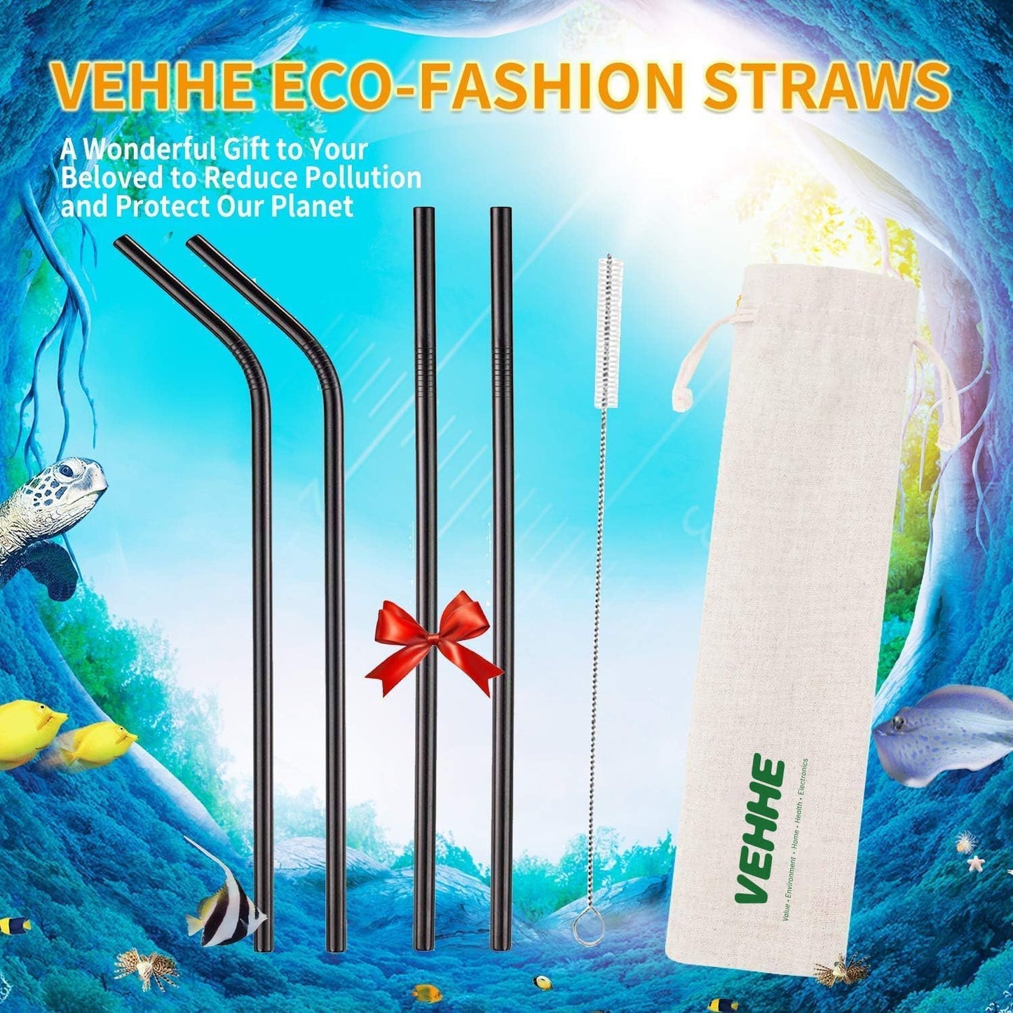 VEHHE Metal Straw Stainless Steel Straws Drinking Reusable Straws 4 Set -10.5" Ultra Long Rainbow Color-Cleaning Brush for 20/30 Oz for Yeti RTIC SIC Ozark Trail Tumblers (2 Straight|2 Bent|1 Brush)