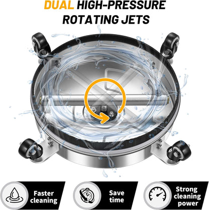 14" Pressure Washer Surface Cleaner with 4 Wheels - Stainless Steel Surface Cleaner for Pressure Washer Attachment for Concrete, Patio, Sidewalk, Deck and Driveways - PWS14
