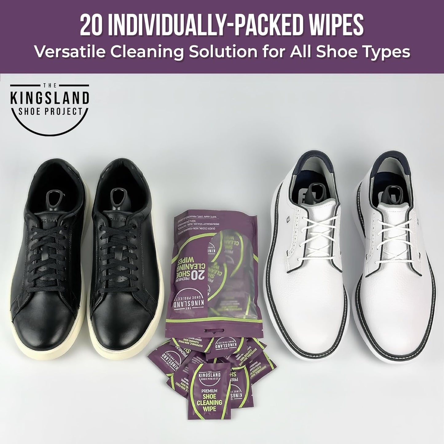 The Kingsland Shoe Project Premium Shoe Cleaning Wipes- Pack of 20 Individually Wrapped Eco-Friendly Shoe Wipes- Removes Dirt & Stains, Ideal For Leather, Rubber & Mesh- Travel Friendly