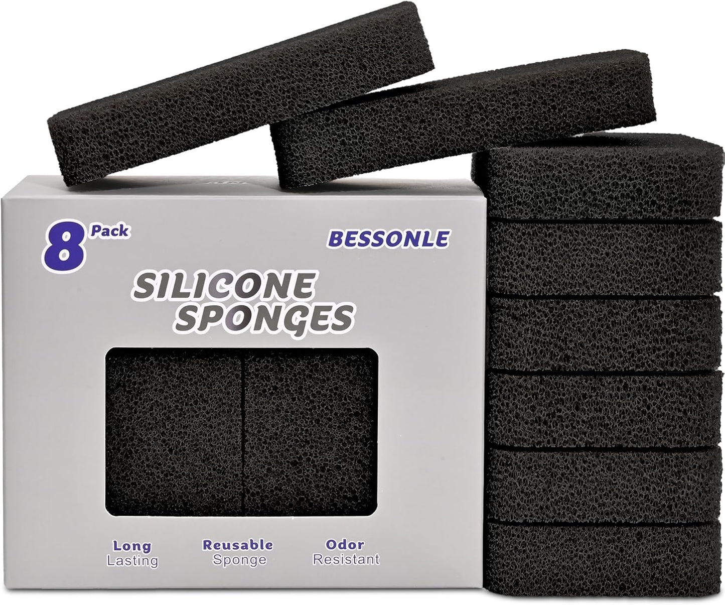 8 Pack Silicone Scrubbing Sponges, Heavy-Duty, Non-Scratch Kitchen Sponges - Reusable, Odor-Free, Perfect as Cleaning for Dishes, Non-Stick, Countertops (Grey)
