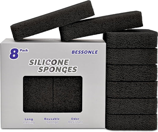 8 Pack Silicone Scrubbing Sponges, Heavy-Duty, Non-Scratch Kitchen Sponges - Reusable, Odor-Free, Perfect as Cleaning for Dishes, Non-Stick, Countertops (Grey)