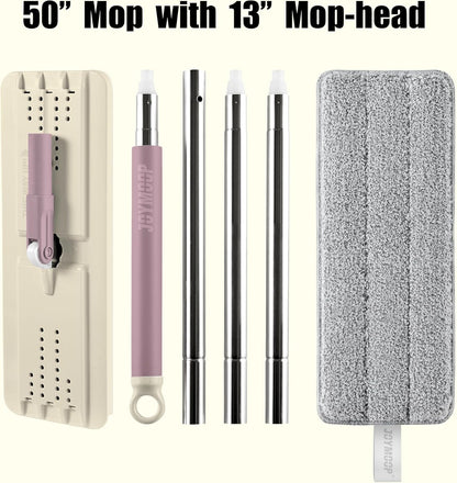 JOYMOOP Flat Mops, Microfiber Mop for Floor Cleaning and Wall Cleaner, 50" Mop Handle with Flexible 13" Flat Head with a Microfiber Mop Pad - White
