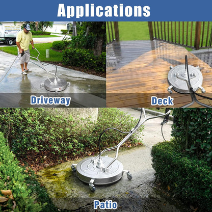 janz 14" Pressure Washer Surface Cleaner with 4 Wheels, Stainless Steel Housing, 1/4" Quick Plug, 2 Extension Wands, 2 Replacement Nozzles and 3 Spray Nozzles, 4000 PSI