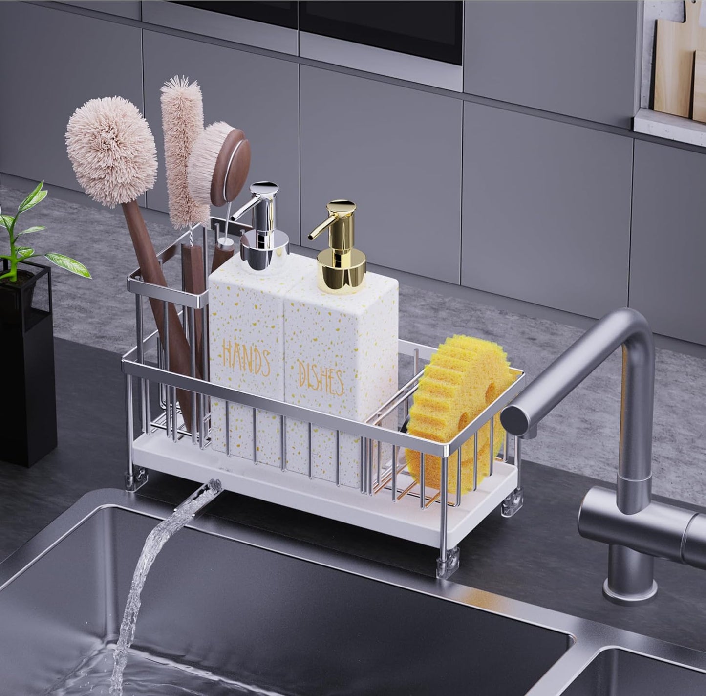 Cisily Kitchen Soap Dispenser Set with Sink Caddy, 12 Oz Glass Bottle, Hand and Dish Soap Dispenser Set with Sponge Holder, Black Stainless Steel Kitchen Countertop Sink Organizer Accessories
