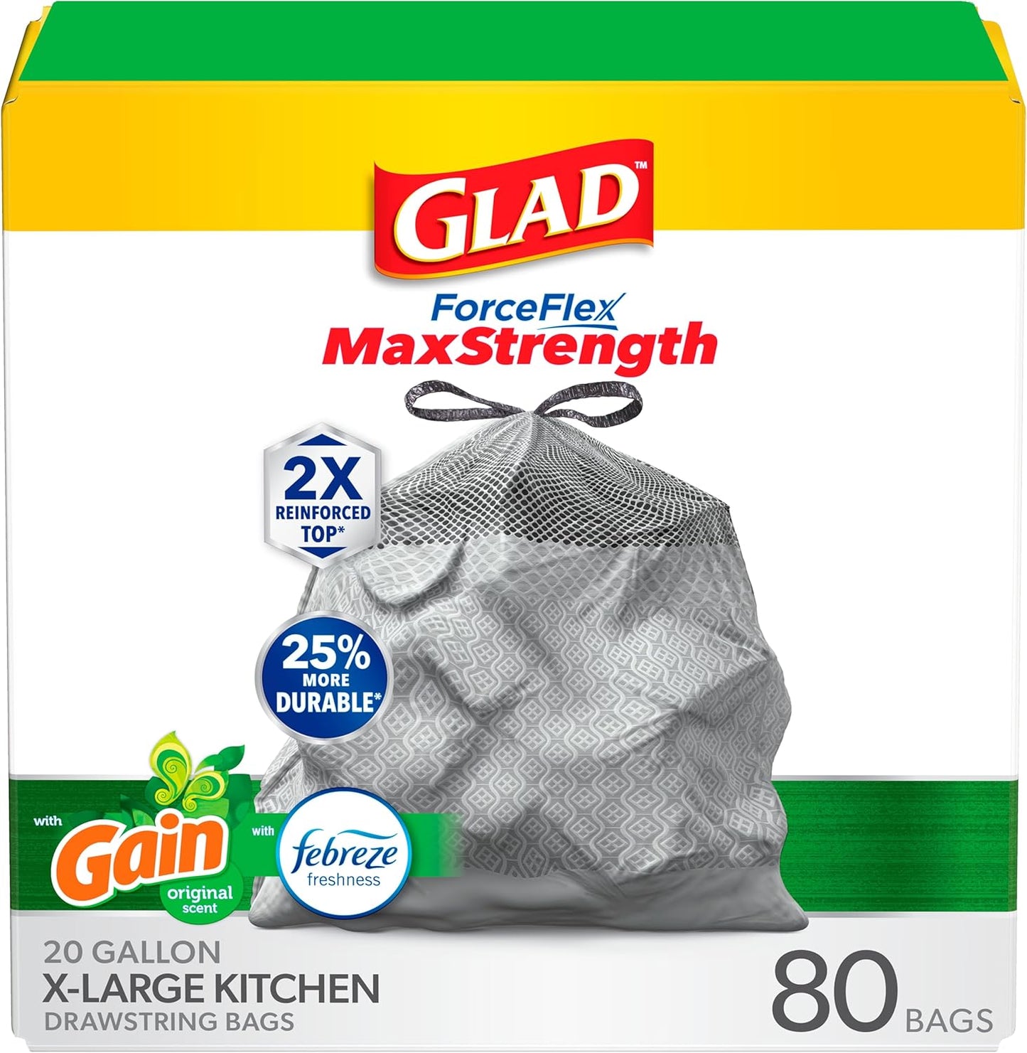 Glad ForceFlex MaxStrength XL Kitchen Trash Bags, 20 Gal, Fresh Clean, 80 Ct (Package May Vary)