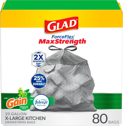 Glad ForceFlex MaxStrength XL Kitchen Trash Bags, 20 Gal, Fresh Clean, 80 Ct (Package May Vary)